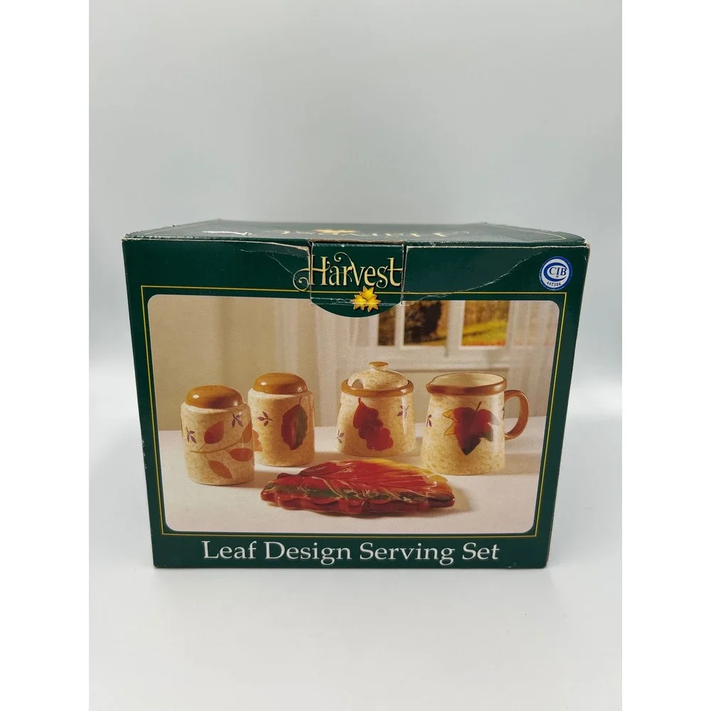 Harvest Leaf Design Vintage Serving Set 6 Piece Ceramic Fall Thanksgiving Decor